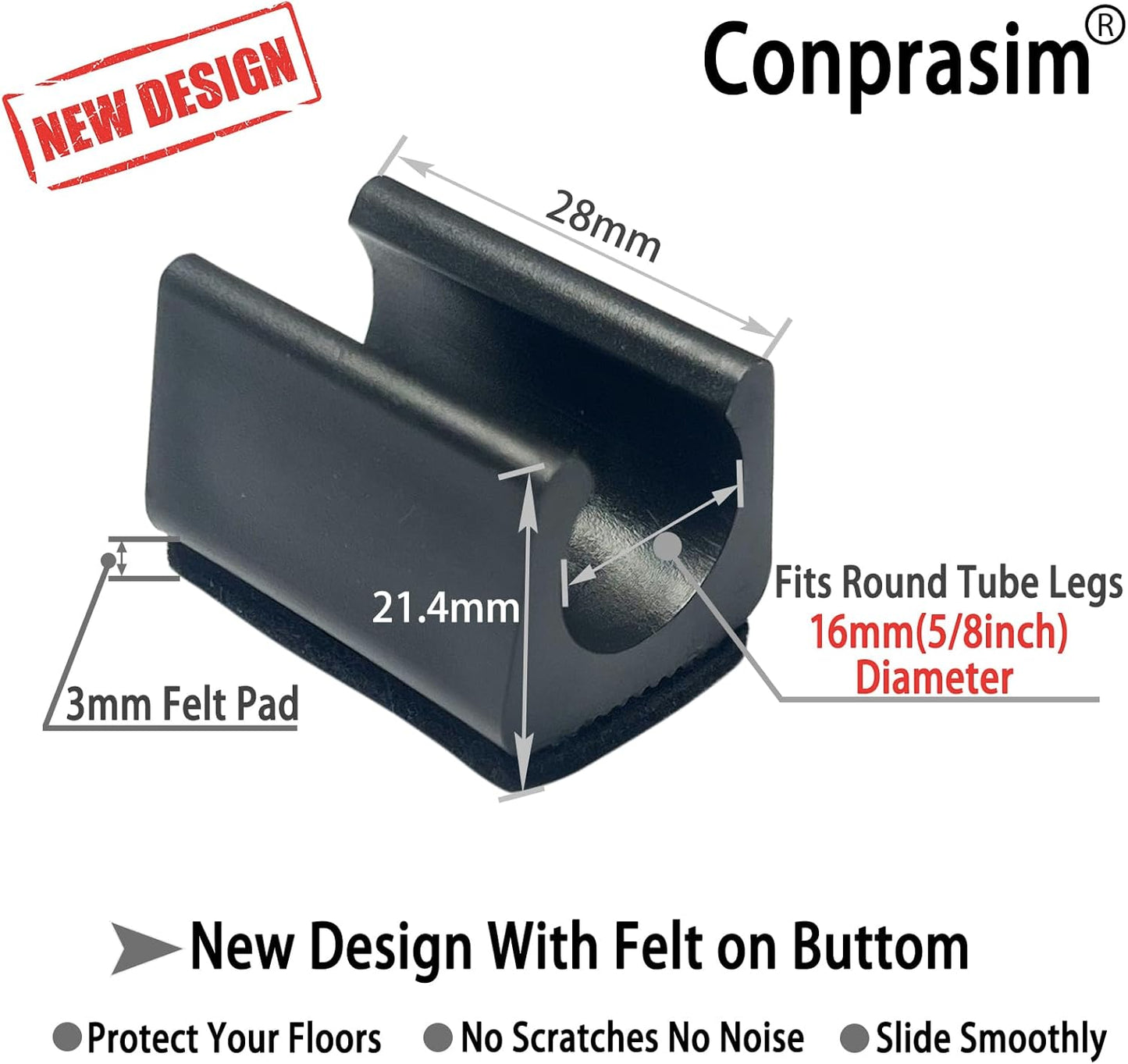 Rectangle U Shaped Chair Leg Tips Caps with Felt Pads,Furniture Feet Protector Slide Smoothly Glides No Scratches No Noise Protect Hardwood Floor,Fit 16mm(5/8inch) Diameter Tubular Leg (Black 8PCS)