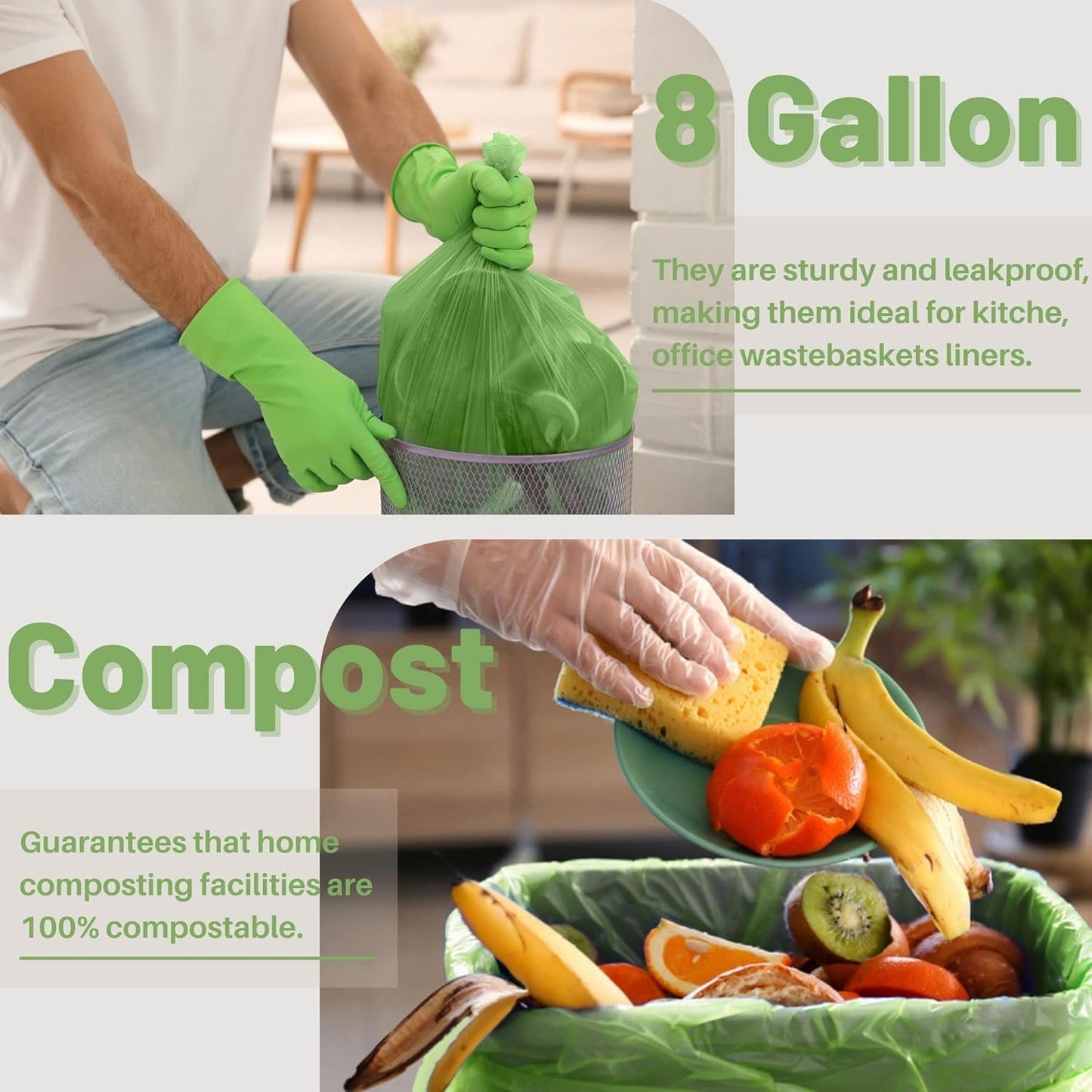 Compostable 8 Gallon Trash Bags Compost Small Garbage Bag Extra Thick 0.87 Mil for Kitchen Bathroom BPI Certified 30 Counts, Green