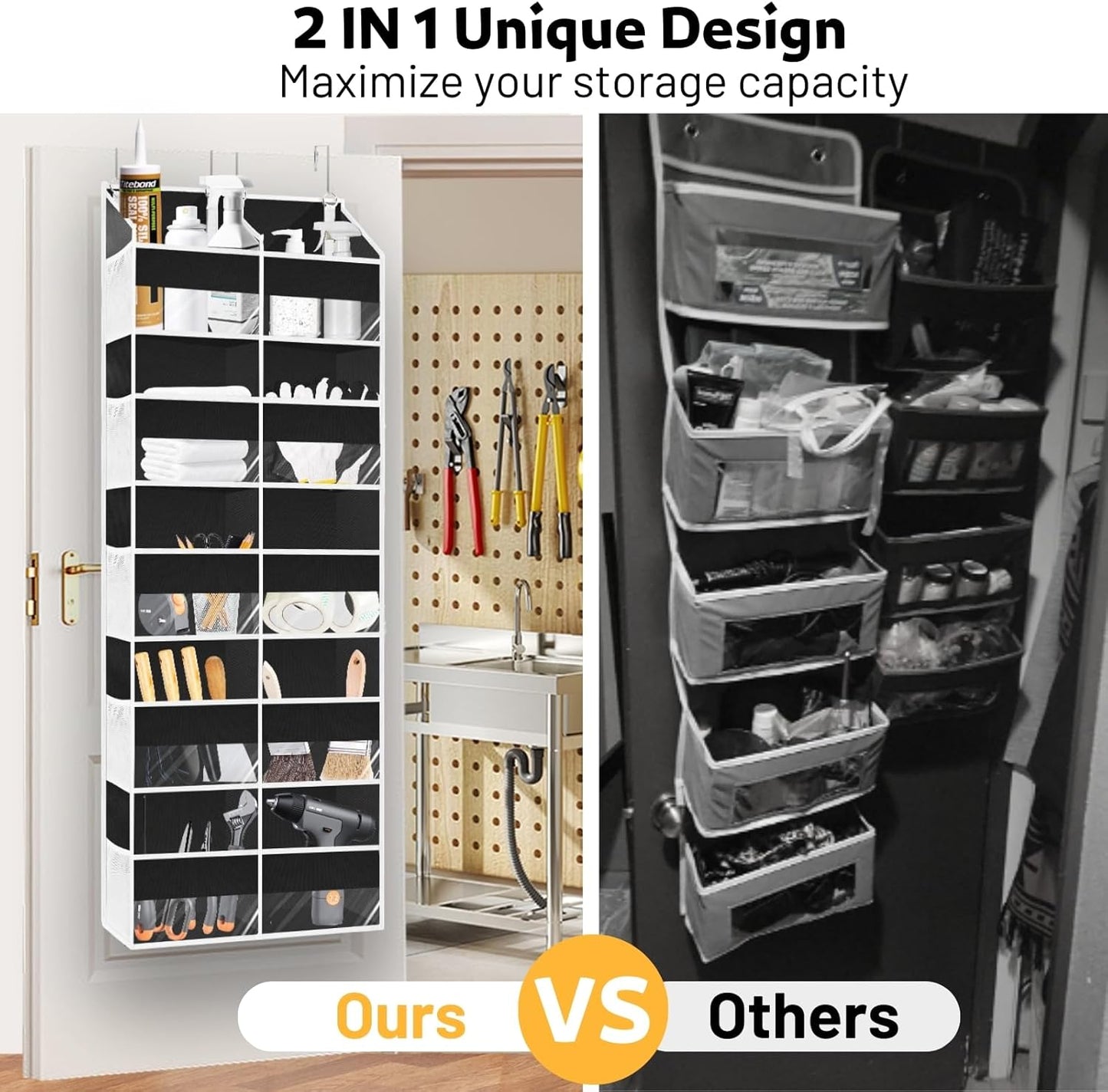 Over the Door Organizer 5 Tiers, Extra Large Behind Door Storage of 10 Compartments, 80 lbs Weight Capacity Hanging Storage Organizer with Clear Window Kids Toys, Shoes, Diapers, Room storage