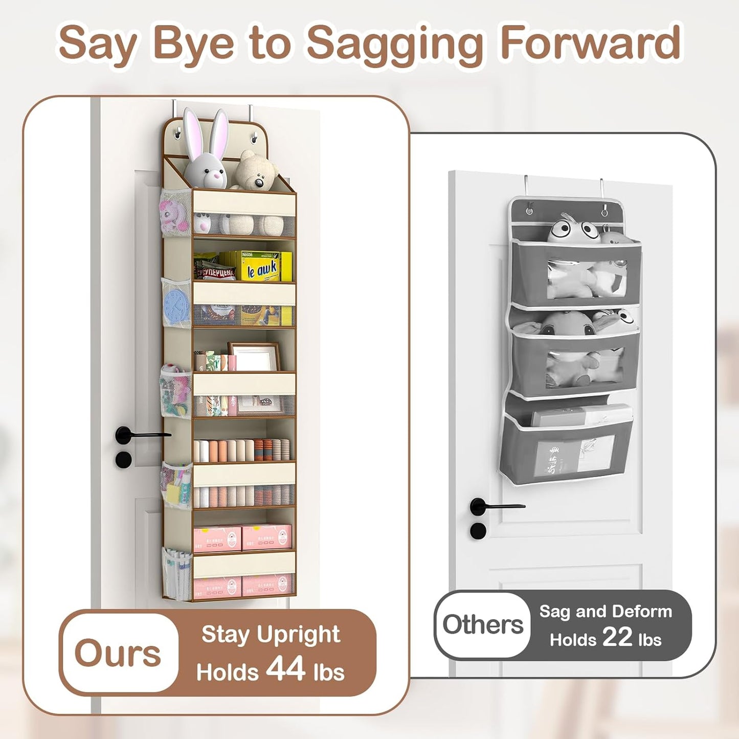 LAMU 5 Tier Over the Door Organizer Hanging, 5 Large Pockets and 10 Side Pockets Behind Door Storage for Baby Toys, 44lbs Back of Door Organizers Shelf for Closet, Nursery and Bathroom, 1 Pack (Beige)