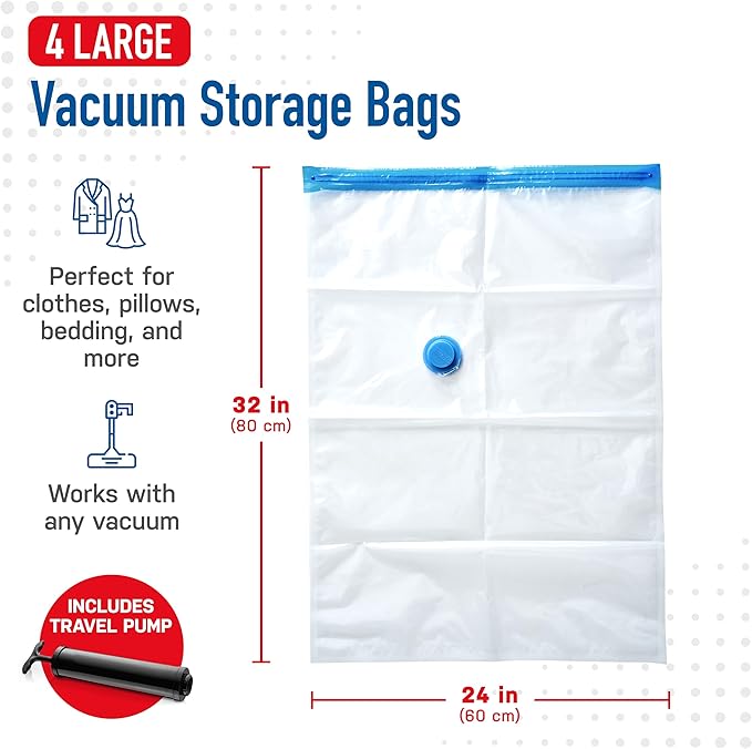 4 Pack Large Vacuum Storage Bags for Comforters, Blankets & Clothes – Vacuum Sealed Compression Bags with Hand Pump – Space Saver Storage Bags for Bedding, Moving, Travel & Organization