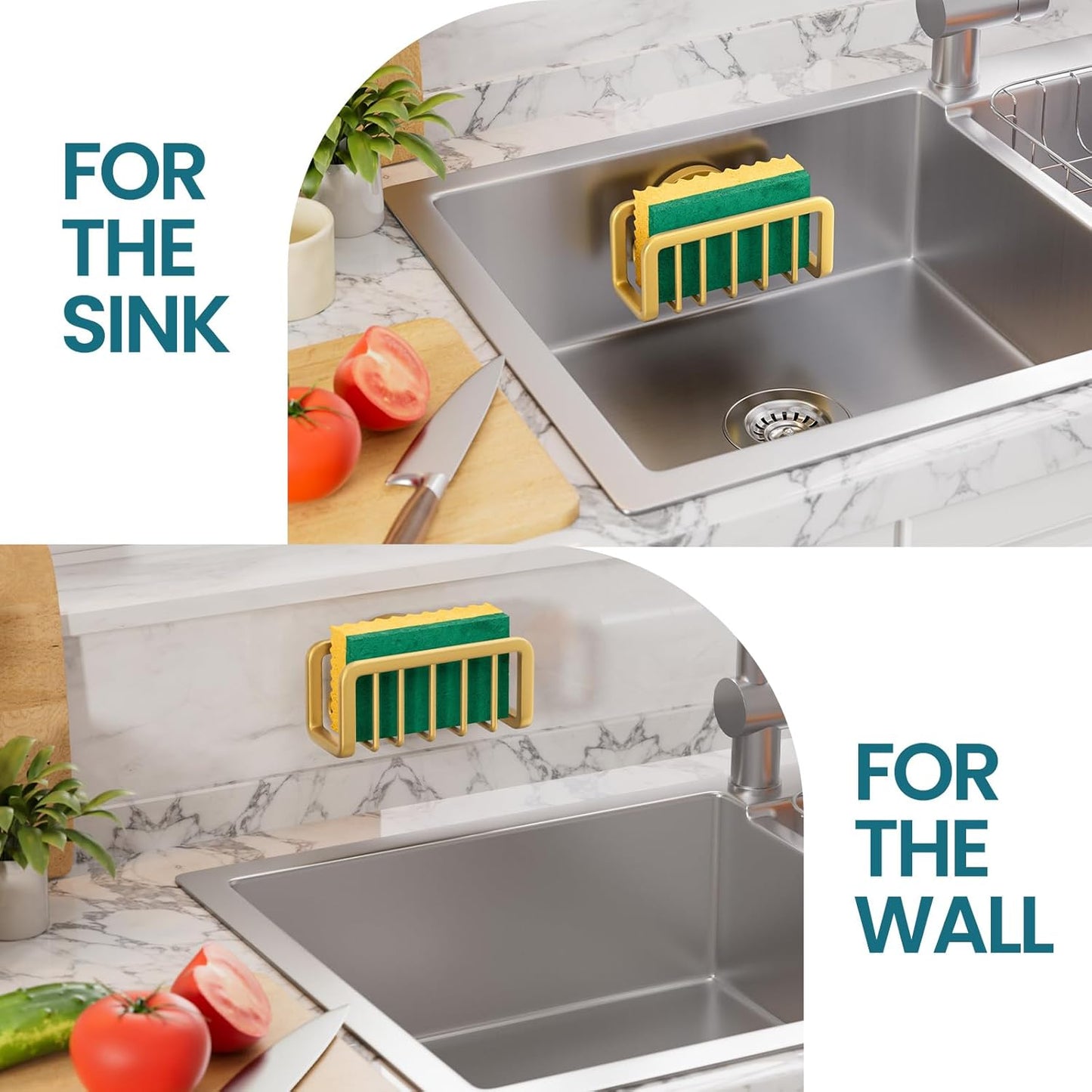 TAILI Sponge Holder for Kitchen Sink with Strong Suction Cup, Rustproof Aluminum Sink Caddy for Sponges, Removable Sponge Holder, Dish Brush for Scraper - Gold