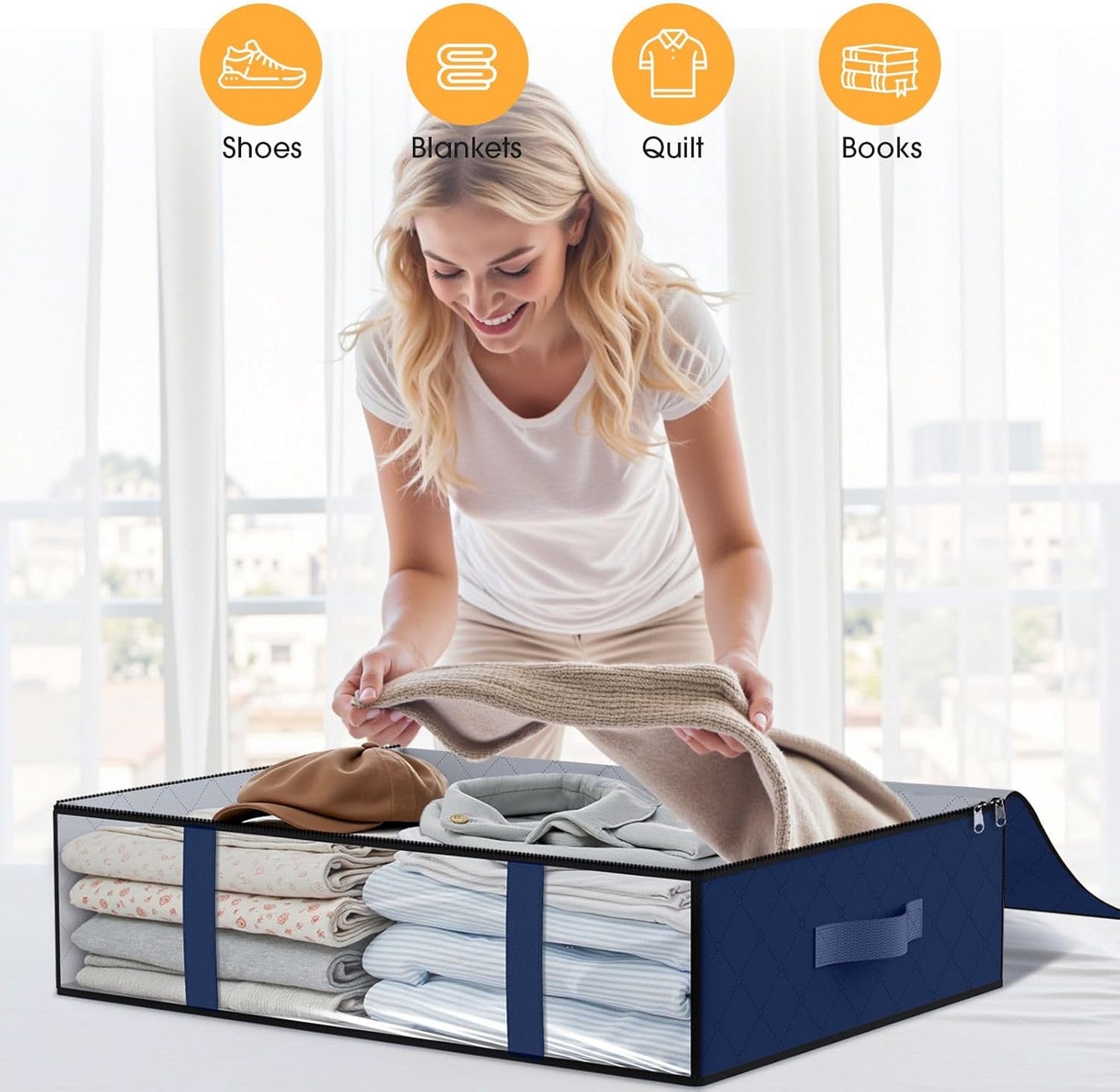 StorageRight Under Bed Storage Bins, 10-Pack 40L Foldable Fabric Storage Bags with Transparent Window, Breathable Organizer for Clothes/Blanket/Comforter/Quilt, Blue