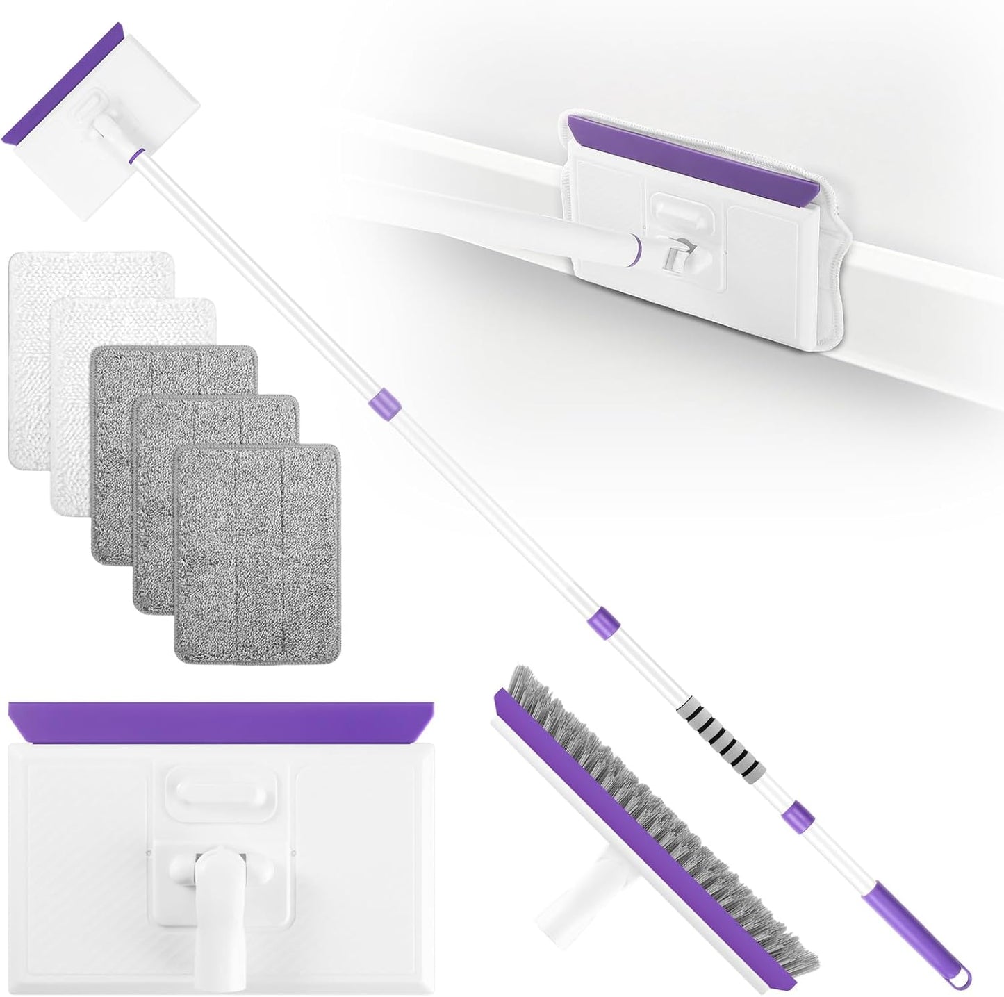 Baseboard Cleaner Tool with Handle 2.0, 60" Extendable Long Handle, Dust Trapping and Locking, 5 Reusable Pads, Purple Base Boards Cleaning Tool for Moldings, Wall, Floor, Bathroom, Kitchen