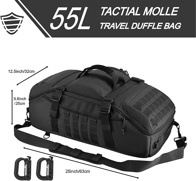 Travel Gym Duffle Bag Tactical, for Men Women Multi-functional Backpack,3 in 1 Shoulder Bag Backpack Handbag for Sports Hiking Camping, Water Resistant & Easy Clean (Black, 55L)