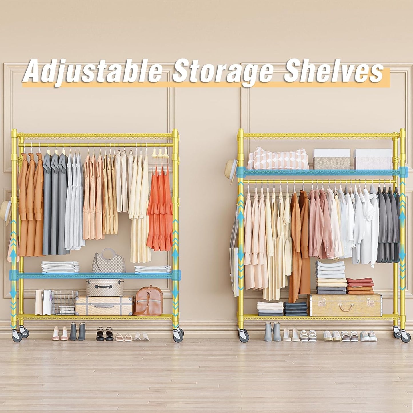 Homdox Gold Heavy Duty Clothes Rack with Wheels, 3-Tier Rolling Metal Garment Organizer with Double Hanging Rods & Hooks, Freestanding Portable Closet, 17.72" D x 47.24" W x 80.71" H