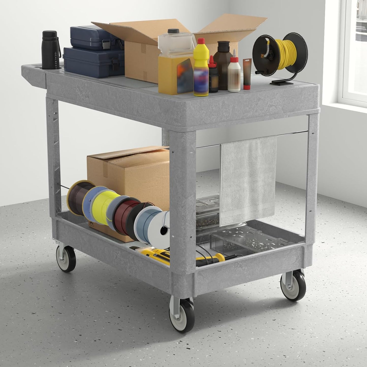 Utility Cart on Wheels, Heavy Duty Large Flat Top Rolling Service Cart, 46 x 25 Inch Work Carts, 2 Shelf 1000 lbs Capacity Plastic Tool Cart, for Warehouse, Garage, Cleaning, Gray