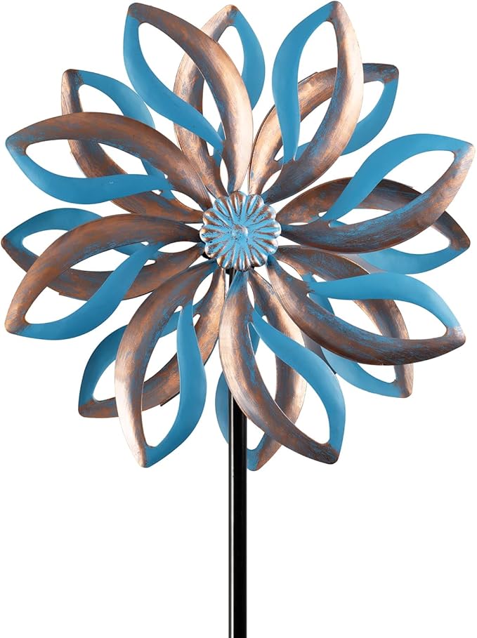 Metal Wind Spinners Outdoor,Vintage Kinetic Wind Spinner Garden Pinwheels with Metal Stake for Patio,Lawn,Garden,Creative Gifts for Women, 57.5 * 13.5 Inch (Blue)