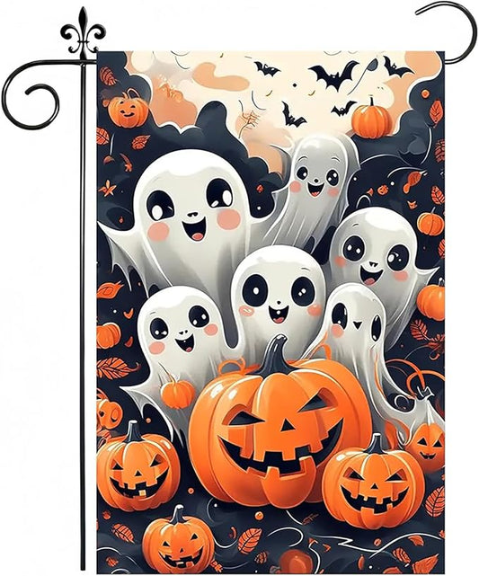 Halloween Garden Flag for Outside 12x18 Inch Double Sided, Ghost Pumpkin Small Yard Flags for Outside, Outdoor Welcome Flag Front Porch Decorations for Home