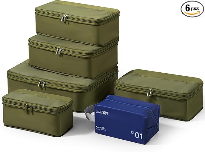 Compression Travel Packing Cubes, 6 Set Expandable Luggage Organizer Bags, Durable Travel Accessories for Suitcases, Backpacks, and Carry-Ons (Army Green)
