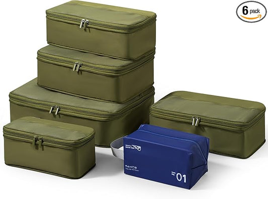 Compression Travel Packing Cubes, 6 Set Expandable Luggage Organizer Bags, Durable Travel Accessories for Suitcases, Backpacks, and Carry-Ons (Army Green)