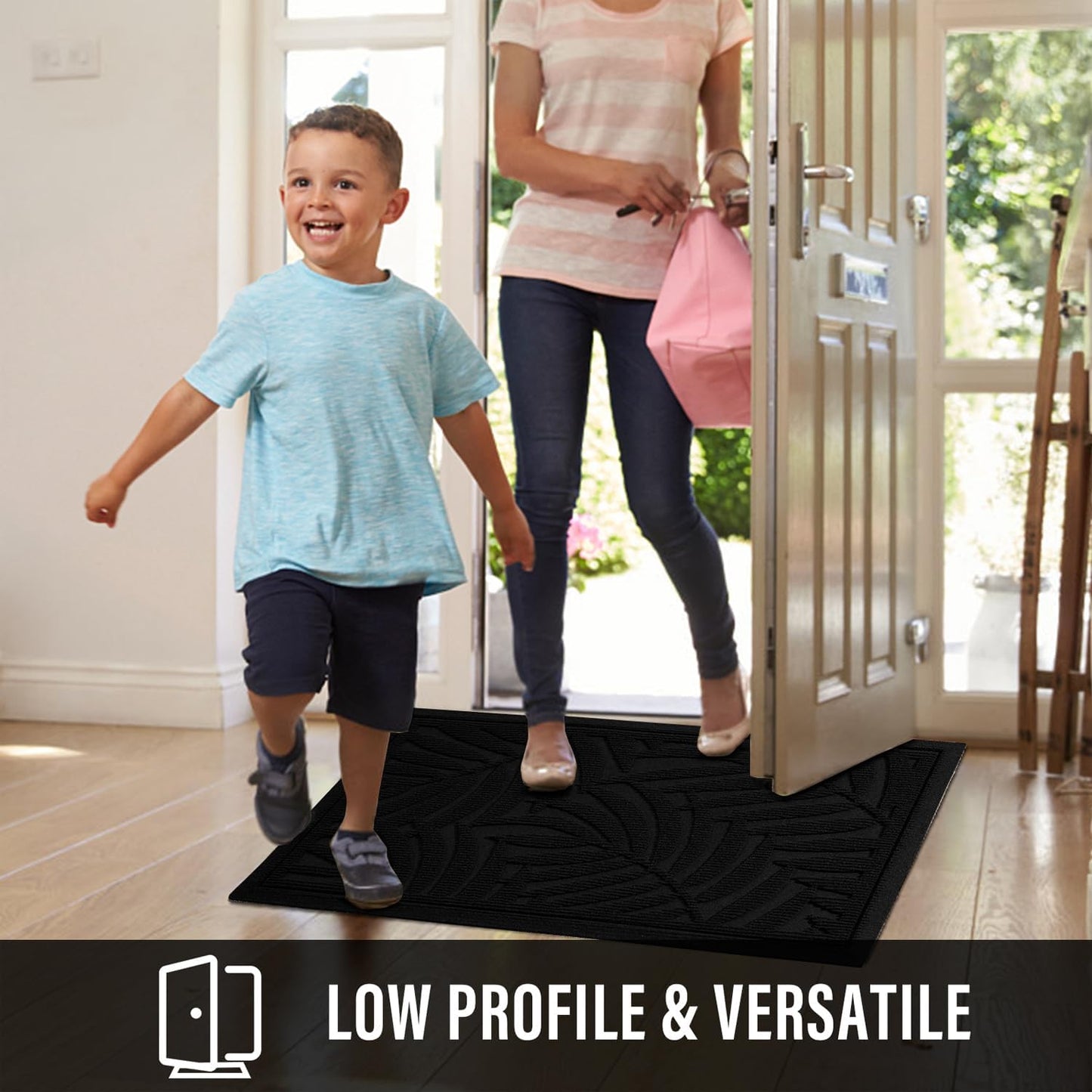 Front Door Mat, Absorbent Resist Dirt Welcome Door Mat Indoor Outdoor, Waterproof Doormat, Sturdy Non Slip Backing, Fade Resistant, Low Profile Entry Mat for Entryway, 47×32, Black