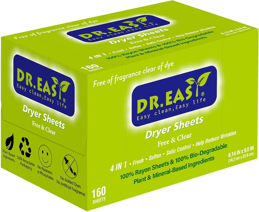Dr.Easy Dryer Sheets Free & Clear Plant Based all ingredients for Sensitive Skin 160 Ct 100% Rayon Fabric Softener sheet unscented & no dyes Reduce Static & Wrinkles Soften Clothes Help Repel Pet Hair