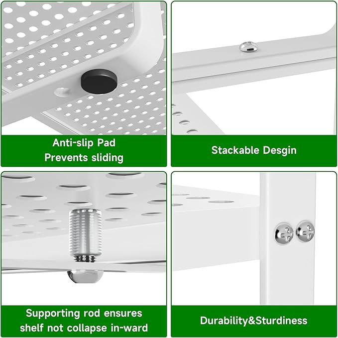 Expandable Kitchen Cabinet Shelf Organizer Rack Heavy Duty Metal Spice Rack Stackable Kitchen Counter Storage Shelf for Cabinet Pantry Bathroom (White- 16.5"-27" L x 8" W x 9.6" H - 2Pack)