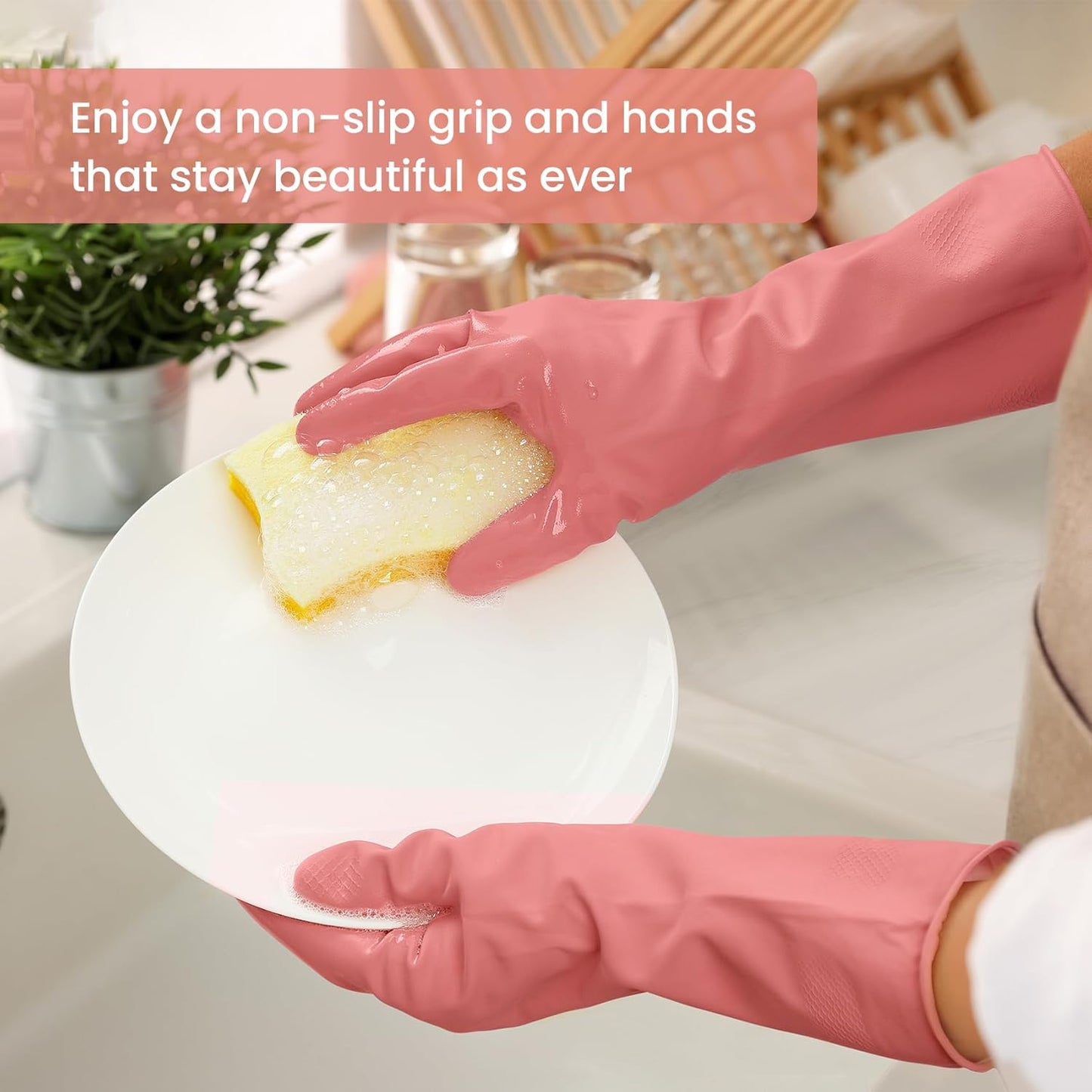 Rubber Cleaning Gloves for Dishwashing, 4 Pairs Reusable Kitchen Gloves for Washing Dishes and Household Cleaning, Pink Dish Gloves with Flocked Lining and Non-Slip Grip, Pefect for Woman Men - L