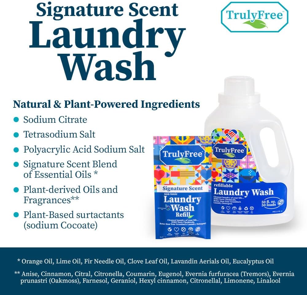 Truly Free Natural Laundry Detergent for Sensitive Skin | Eco Friendly, Plant Based, Baby Clothes Safe | Clean & Easy Powder to Liquid, 4 Pack Refill Detergent, NO Jug | Signature Scent, 200 Loads