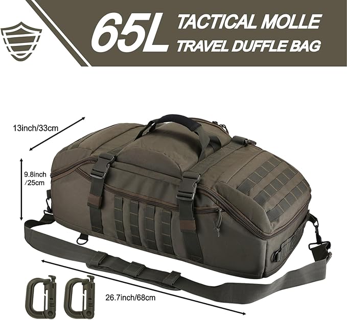 Travel Gym Duffle Bag Tactical, Gear Backpack for Men Women, Large Duffle Hand Bag for Travel, 3 in 1 Shoulder Backpack for Sports Hiking Camping, Water Resistant & Easy Clean (Army Green, 65L)