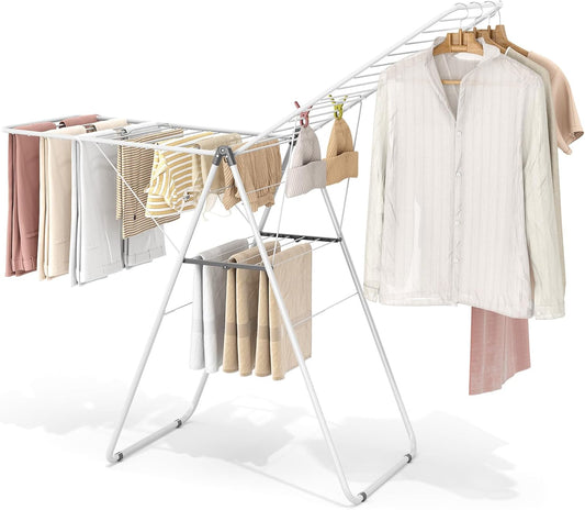 KINGBOARD Clothes Drying Rack Foldable, Metal Drying Rack Clothing with Height-Adjustable, Laundry Rack, Indoor Outdoor Use, No Assembly, 20.47"x 70"x 42.52", White