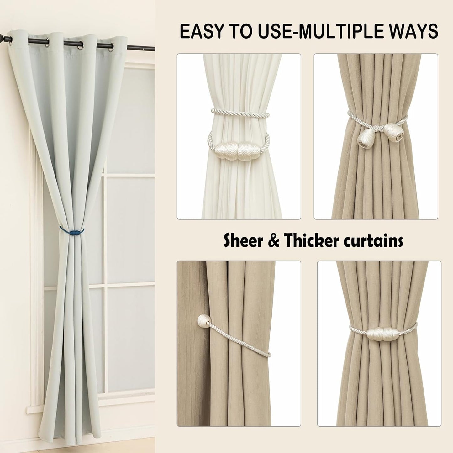 Magnetic Curtain Tiebacks Rope Curtain Tie Backs for Curtains 4 Pack Curtain Holders for Drapes Decorative Window Curtain Holdbacks, White