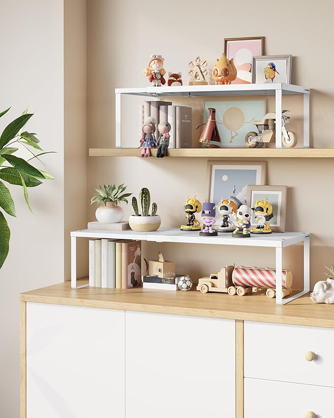 SONGMICS Spice Rack, Expandable Kitchen Countertop Shelf, Small Cupboard Organizer, Metal, Space-Saving Tabletop Shelf, Matte White UKCS007W01