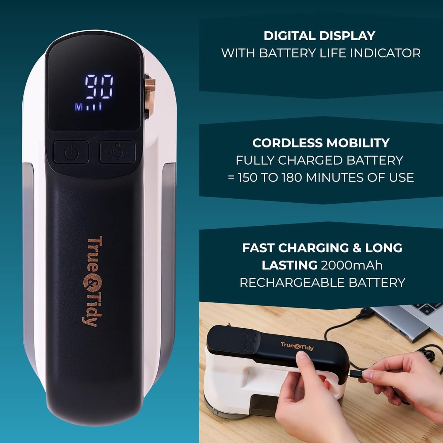 True & Tidy XL Rechargeable Fabric Shaver with Light, 6-Leaf Steel Blades, 3-Speed Motor, LED Digital Display, Lint Remover for Clothes, Furniture & Upholstery (White, Turbo)