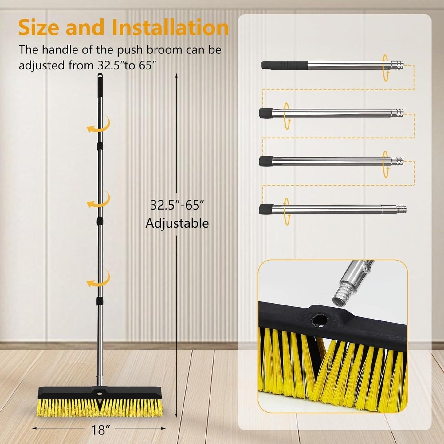 18 Inches Push Broom Outdoor with 65" Adjustable Handle, Heavy Duty Outdoor Broom with Stiff Bristles, for Cleaning Yard, Garage, Shop, Driveway, Wood, Stone, Deck, Concrete, and Tile Floor.