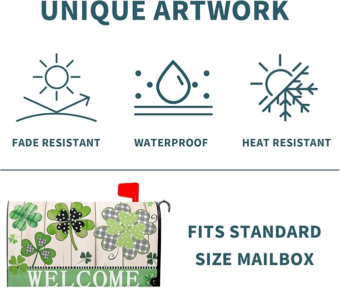 Welcome St Patrick's Day Holiday Magnetic Mailbox Covers Standard Size 21x18in Lucky Shamrocks Clover Mail Box Wraps Green Leaves Wooden Decorative Letter Post Box Cover for Home Garden Outside