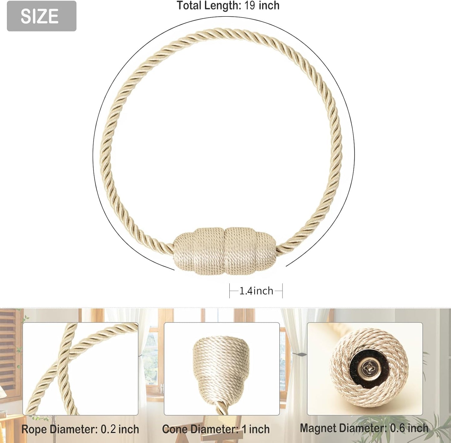 Magnetic Curtain Tiebacks - Rope Tiebacks for Curtains & Drapes, Decorative Window Holdbacks (2 Pack, Beige)