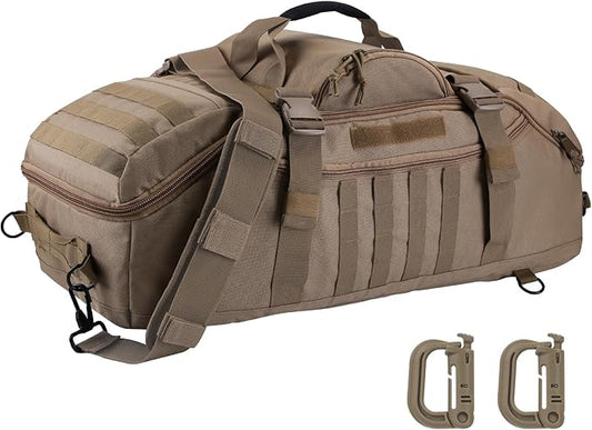 Travel Gym Duffle Bag Tactical, Gear Bag for Men Women, Large Duffle Bag for Travel, 3 in 1 Shoulder Bag Backpack Handbag for Sports Hiking Camping, Water Resistant & Easy Clean (Khaki, 55L)