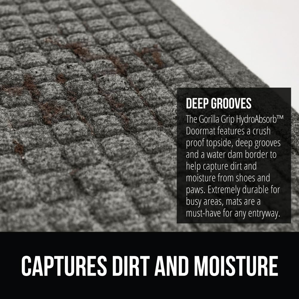 GORILLA GRIP Front Door Mat, 47x35, Indoor Outdoor Ultra Absorbent HydroAbsorb Doormat, Absorbs Up to 6 Cups of Water, Stain and Fade Resistant, Rubber Backing Doormats, Captures Dirt, Gray
