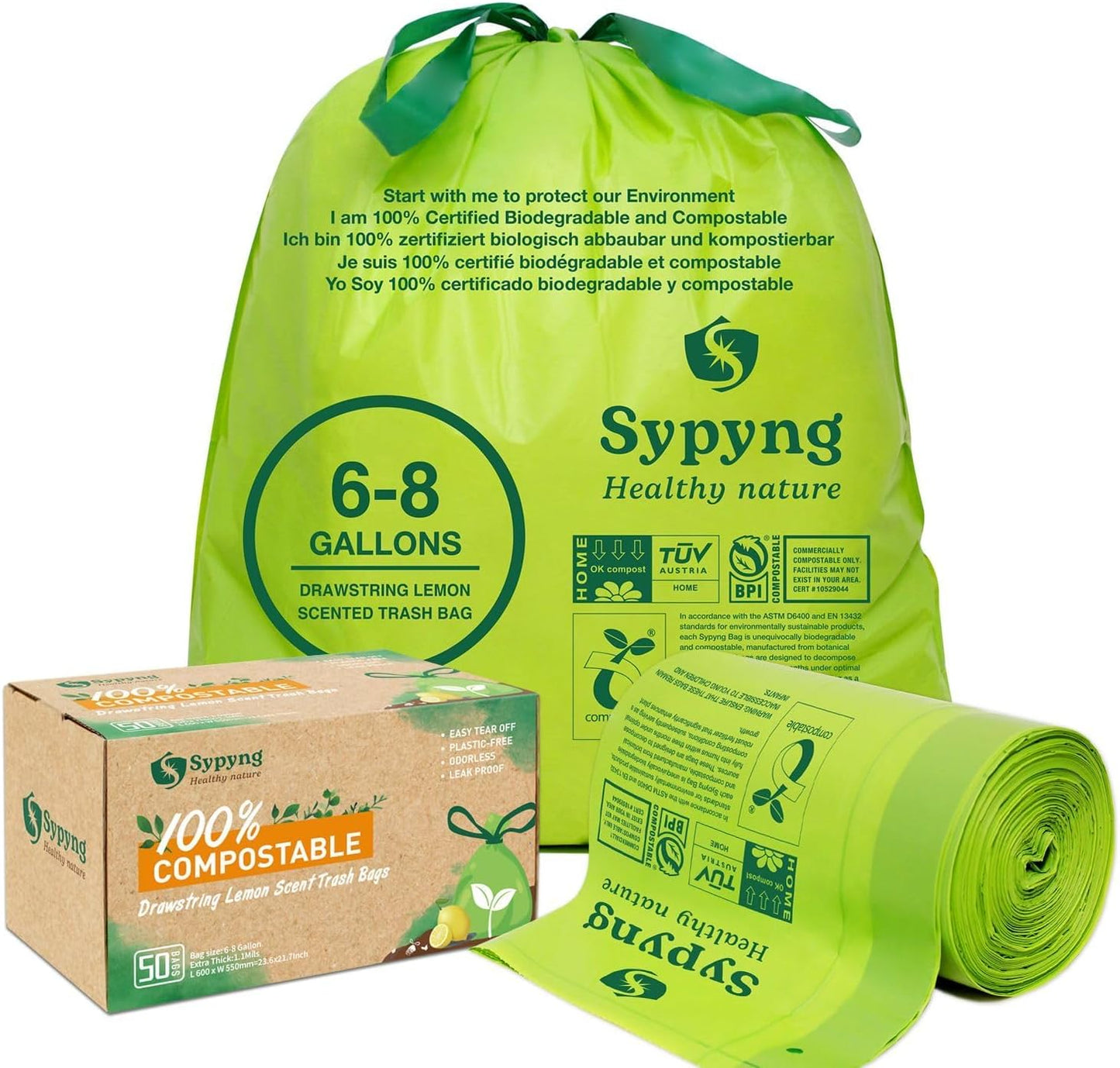 Compostable Trash Bags 6-8 Gallon (50-Pack) – Heavy Duty, 1.1 Mil Thick, 100% Biodegradable Kitchen Waste Bags for Medium Bins | ASTM D6400, BPI & OK Compost HOME Certified, Eco-Friendly & Recyclable