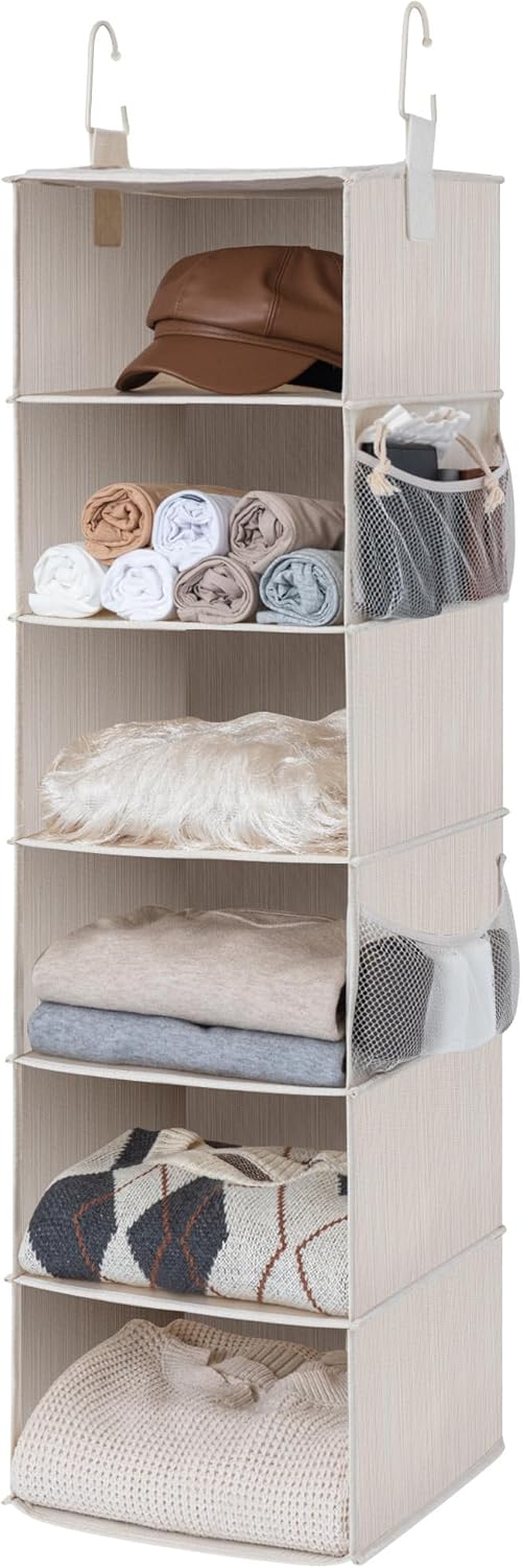 StorageWorks 6-Shelf Hanging Closet Organizer, Hanging Shelves for Closet, Fabric, Mixing of Beige, White & Ivory, 12" D x 12" W x 47 1⁄2" H
