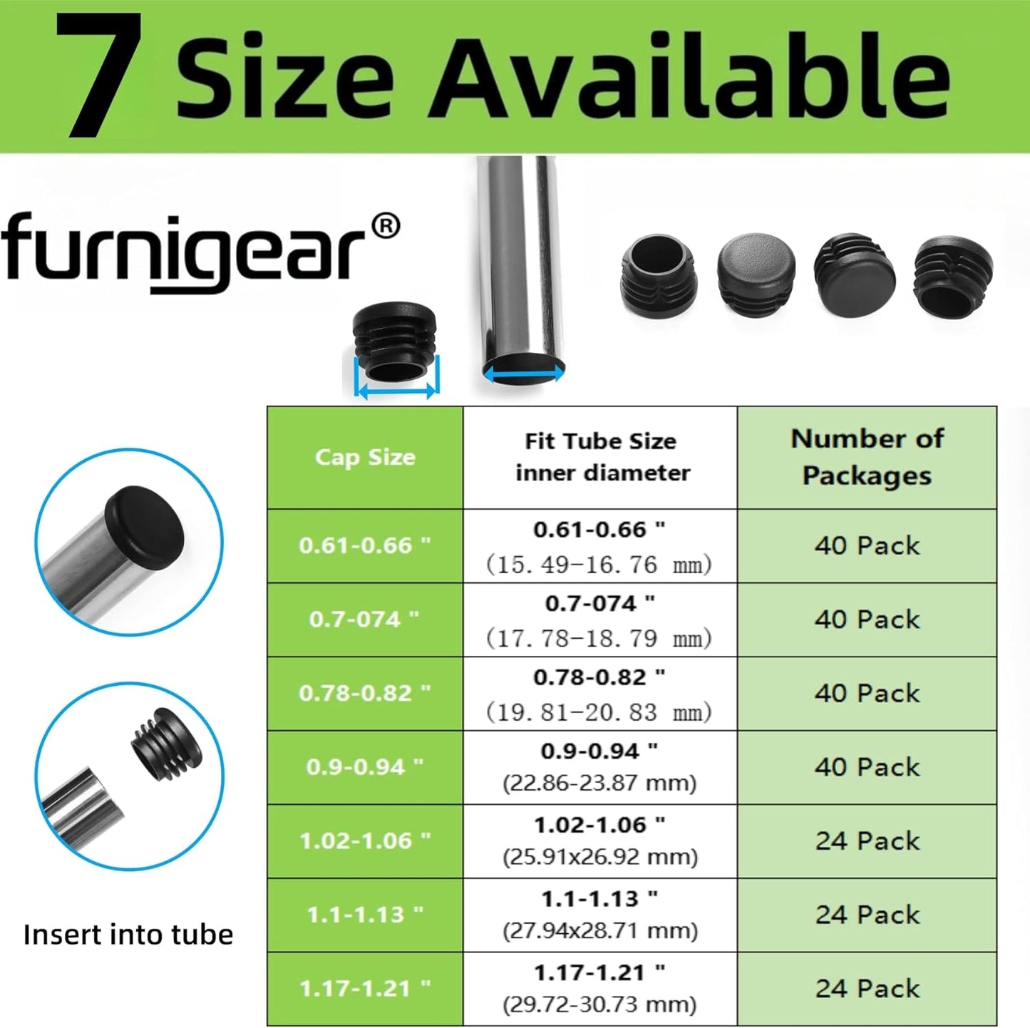 Plastic Plugs Tubing End Caps- Furnigear Black Chair End Cap 1 1/8" Outside Bottom Round Tubing Caps Round Furniture Slides Glides (Fit 1.02-1.06" Tube Inner Diameter, 24pack)