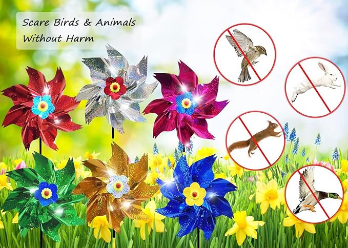 Sparkly Reflective Pinwheels with Stakes, Colorful Wind Spinners Outdoor Bird Scare Devices, Foil Pin Wheel Holographic Whirl Windmill for Yard Garden Decor Garden Wind Spinner 6 Packs