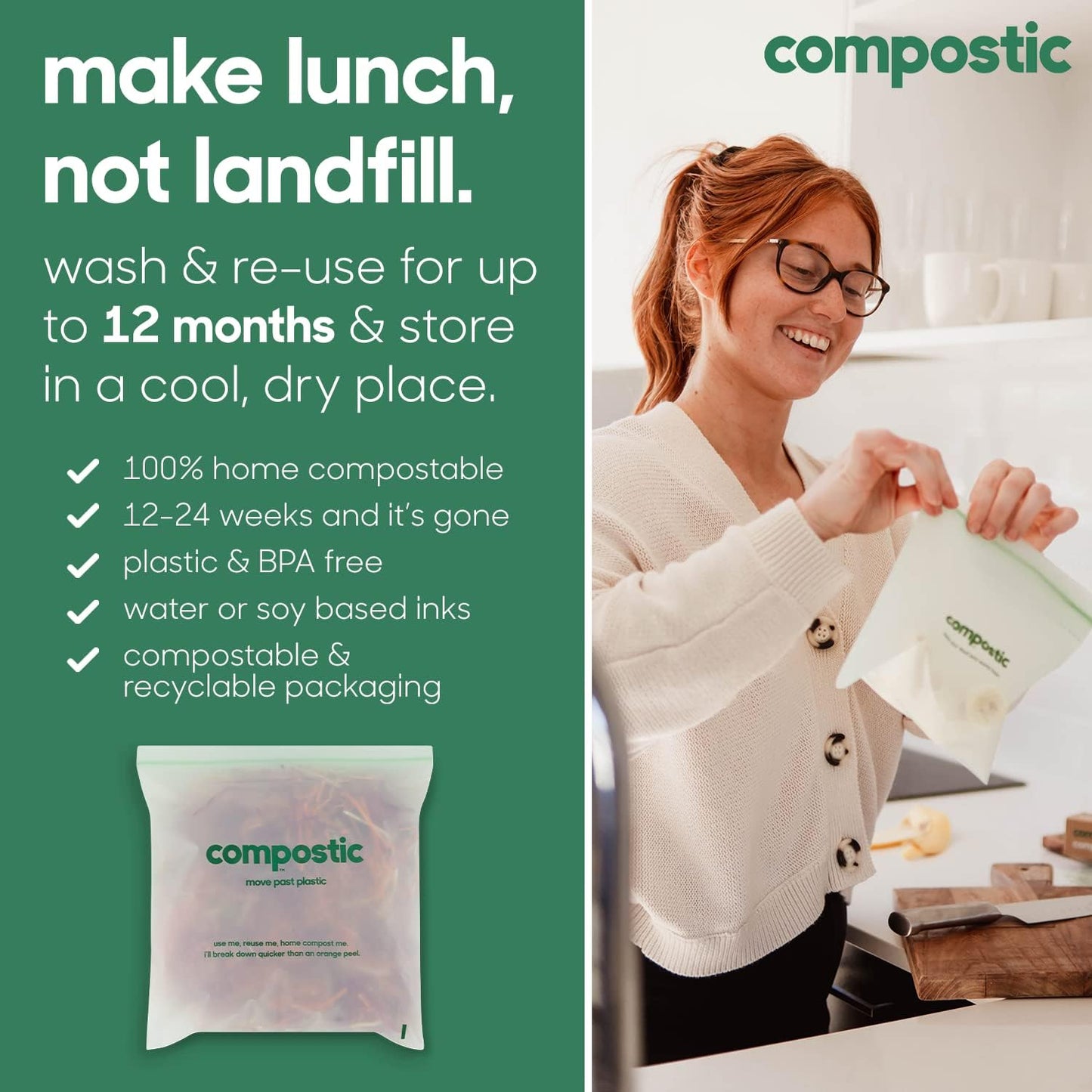 Compostic Home Compostable Resealable Gallon Bags (10.5"x10.5"), Microwave & Freezer Safe, Organic Food Storage Container, 30 Count (Pack of 2)