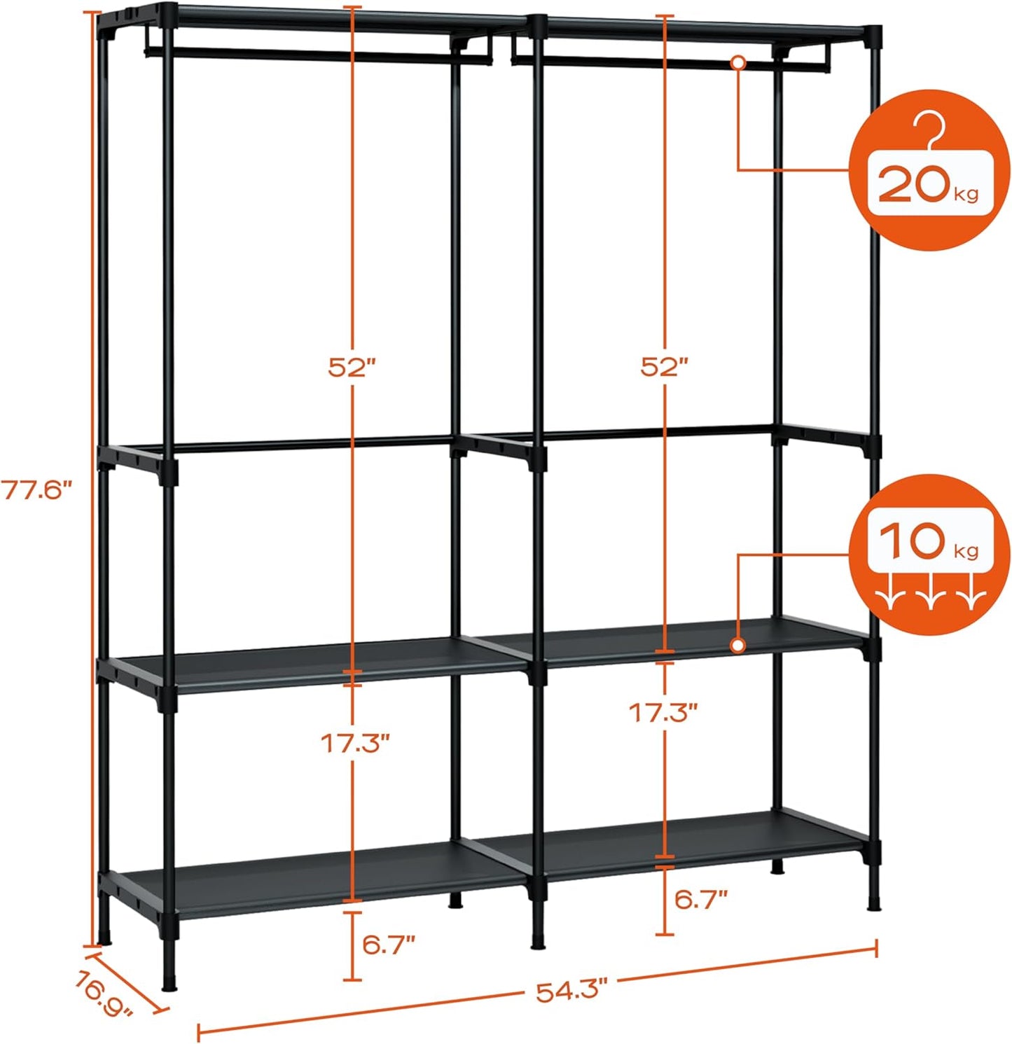 Clothes Rack, Portable Closet, 54.3 Inch Large Capacity Wardrobe Closet, Clothes Storage Organizer with Shelves and 2 Hanging Rods, Easy to Assembly, Black PCT002B01