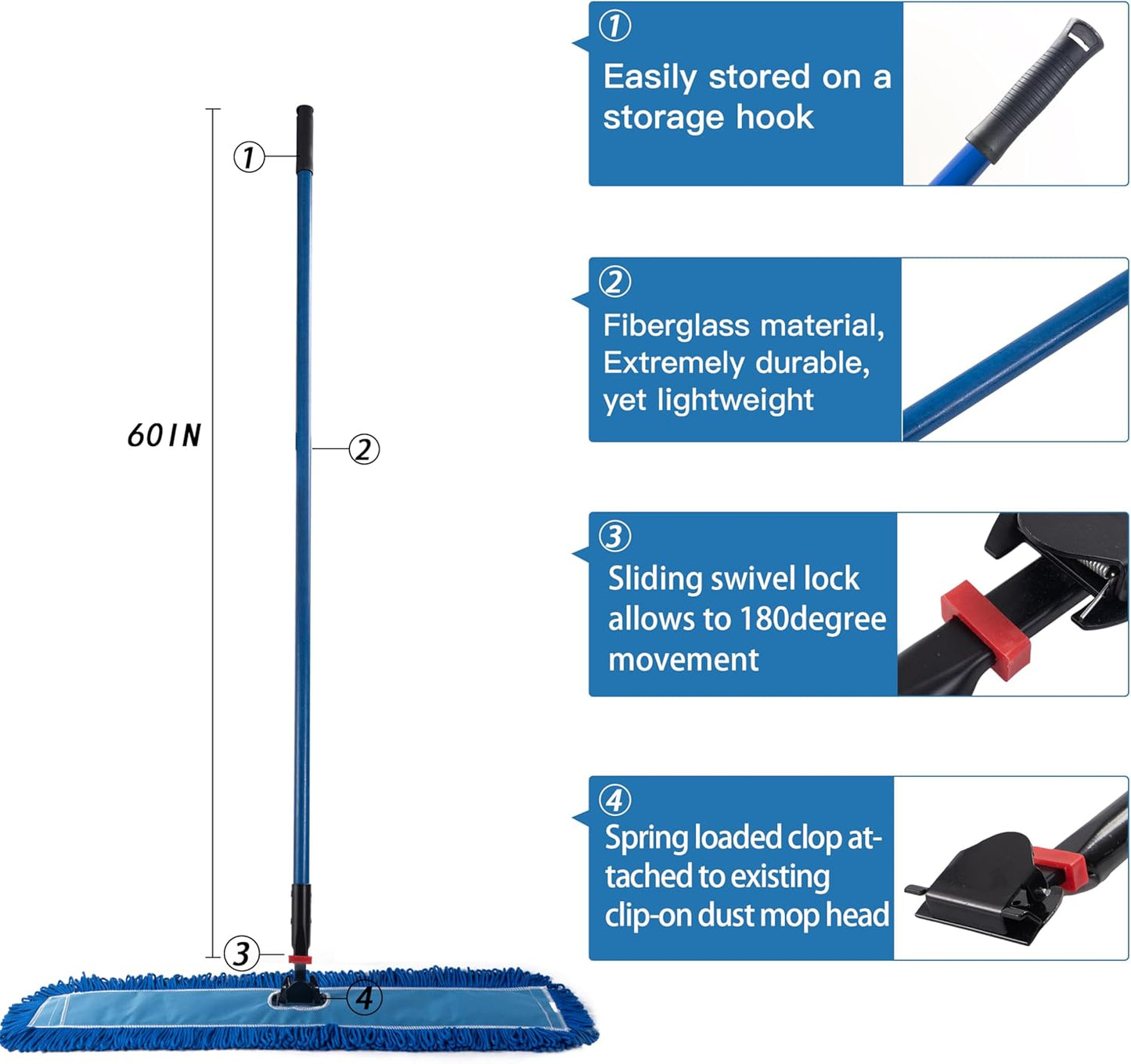 Matthew Cleaning Jaw Clamp Mop Handle, Snap-On Fiberglass Dust Mop Handle for Floor Cleaning, Gripper Holder with Clip-On Connector for Janitorial Supplies, Commercial Use,Restaurants, 60 Inches Blue