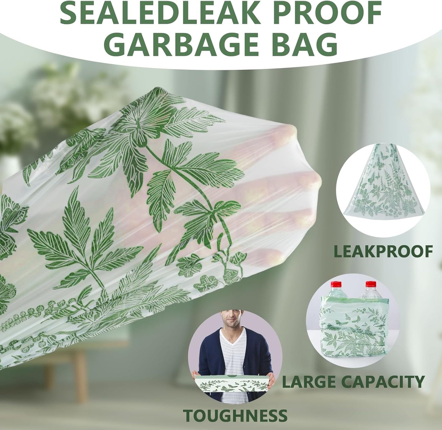 VOK 8 Gallon Trash Bags with Butterfly Printed & Sweet Wormwood Scent, Drawstring Medium Garbage Bags, Tear-Resistant & Fragrant Trash Can Liners, Trash Bags 8 Gallon for Home/Office, 125 Counts