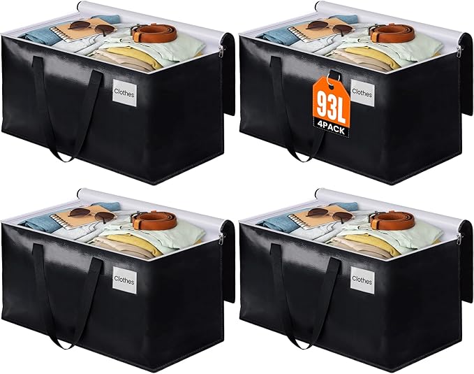 BlissTotes Moving Bags, Heavy Duty Moving Boxes with Zippers Top and Sturdy Handles, Storage Bags for Space Saving and Packing, Collapsible Moving Supplies, Storage Totes (93L, 4-Pack, Black)