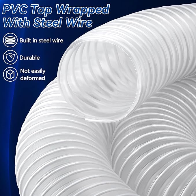 2.5 In x 10 Ft Heavy PVC Dust Collection Hose With 4 Clamps, Puncture Resistant and Flexible Clear Fume Hose With Carbon Steel Wire Coil for Woodworking and Dust System