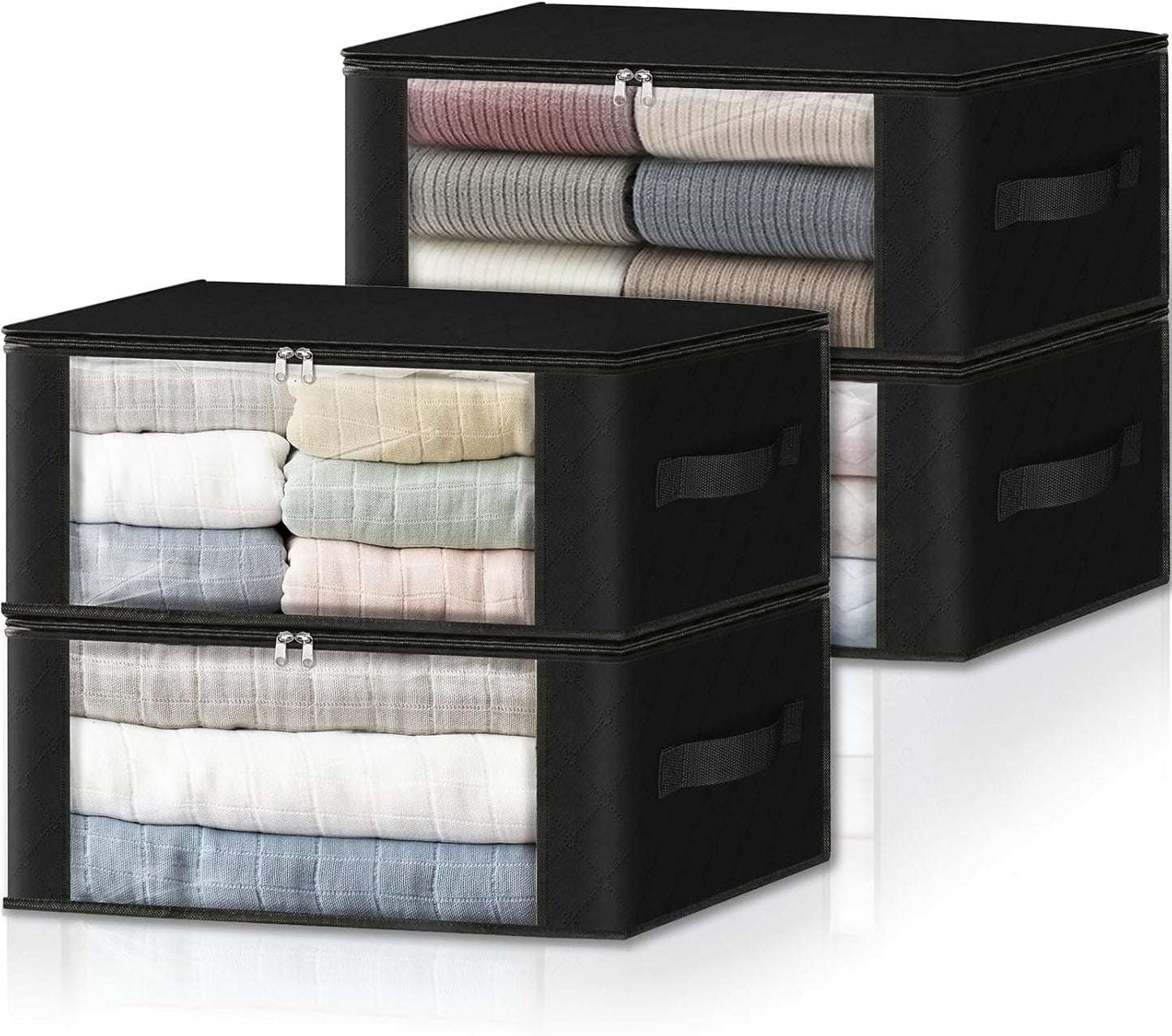 HomeHacks Storage 4-Pack Clothes Organizer Storage Bags Foldable Storage Box with Large Clear Window Sturdy Handles for Closet, Dorm, Pillows, Bedding, Clothes, Blankets, 35L, Black