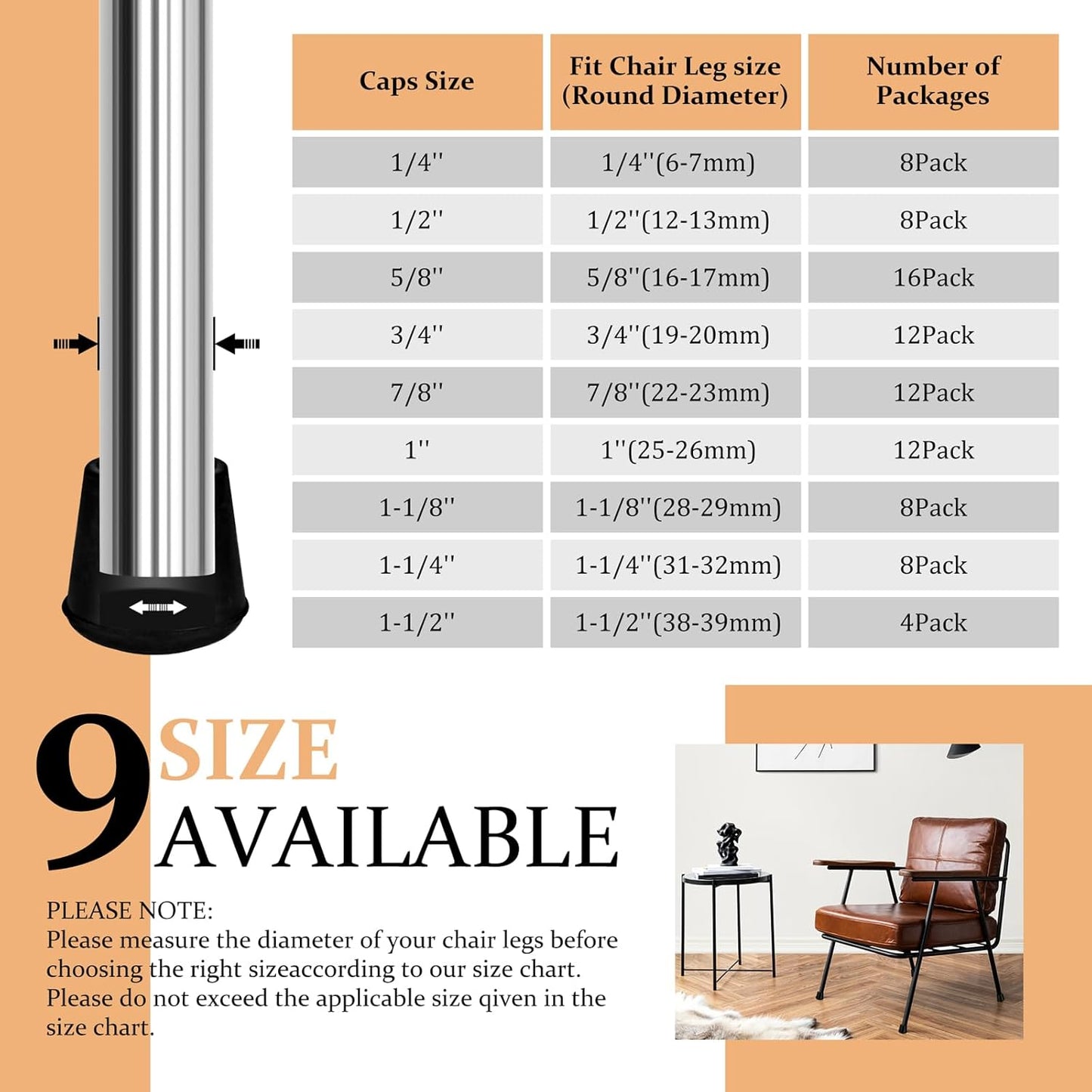 1/2" Round Rubber Chair Leg Tips Caps, 8 Pack Extra Small Chair Leg Floor Protectors Small Furniture Legs Caps Non Slip Reduce Noise for Hardwood Floors (Black, Fit: 12mm to 13mm)