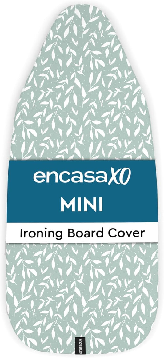 Encasa XO Ironing Board Cover and Pad 28"x12" - Thick 3mm Felt Padding, Drawstring Tightening & Lock, Easy Fit, Scorch & Stain Resistant, Fits Mini Ironing Board - Green Leaflet