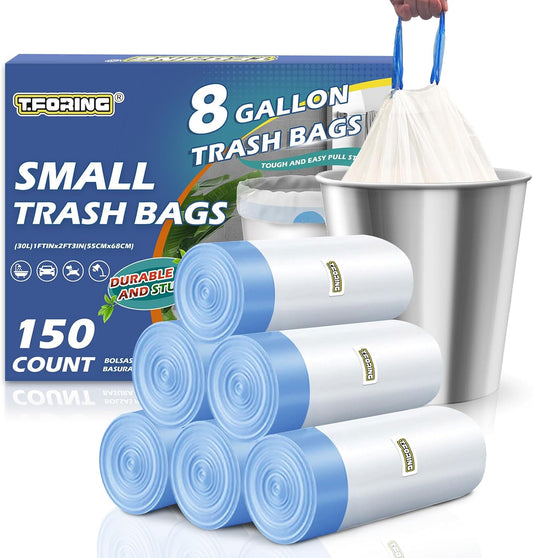150 Count 8 Gallon Trash Bags Drawstring - 1.2 Mil Heavy Duty Medium Garbage Bags Unscented, 30 Liter Thick Plastic Trash Can Liners for Home Kitchen Bathroom