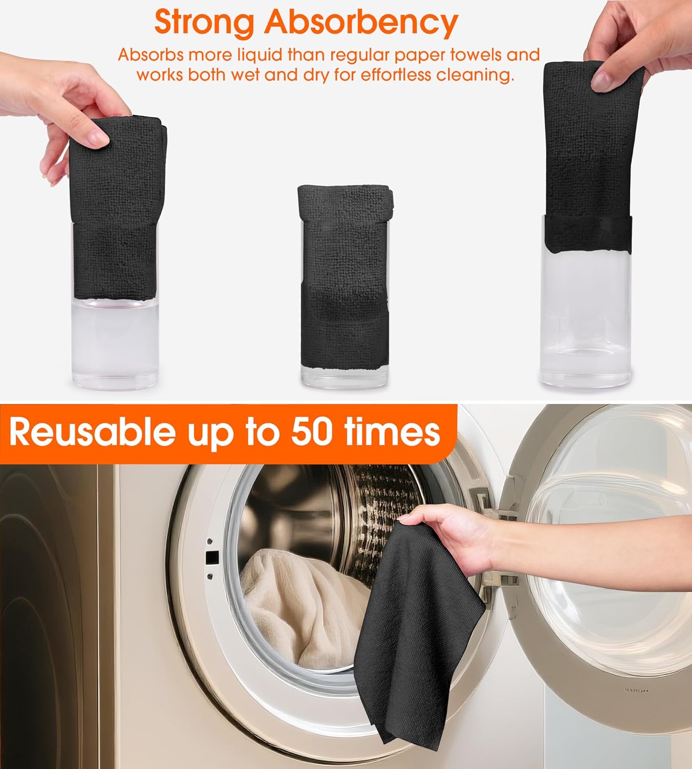 Roll of Microfiber Cleaning Cloth –100 Pack, Tear Away Microfiber Towels, Reusable, Washable, Scratch-Free, Cleaning Supplies,Kitchen Towels for Car, Home, Kitchen, Glass, Dishes(Black)