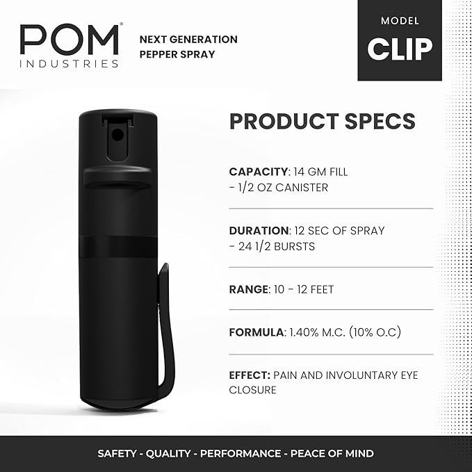 POM Pepper Spray Combo Pack Clip & Keychain - Maximum Strength OC Spray Self Defense- Tactical Compact & Safe Design - 25 Bursts & 10 ft Range - Stream Spray Pattern