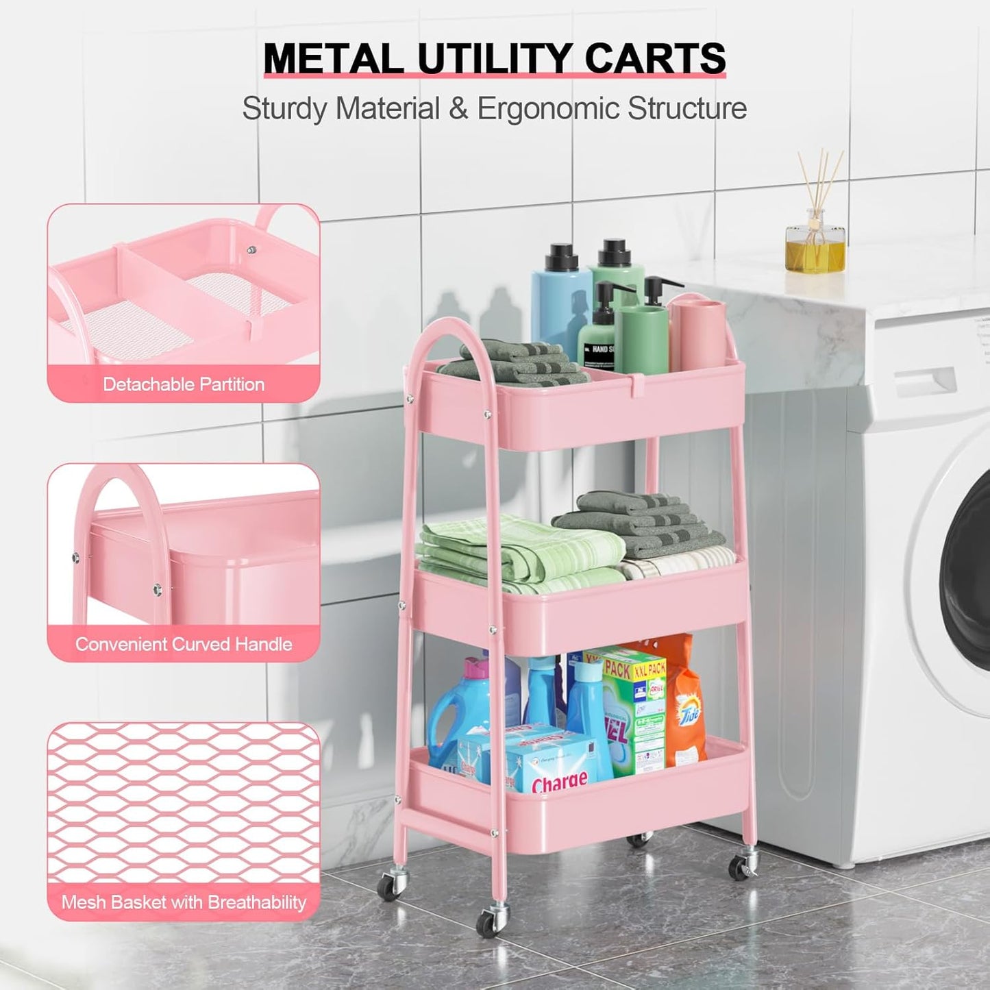 EAGMAK 3 Tier Utility Rolling Cart, Metal Storage Cart with Handle and Lockable Wheels, Multifunctional Storage Organizer Trolley with Mesh Baskets for Kitchen, Living Room, Office, Garage (Pink)