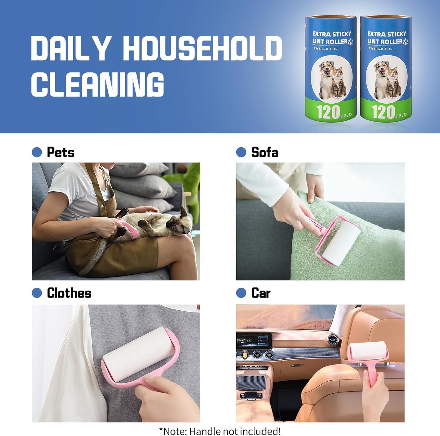 Extra Sticky Lint Roller Refills 2 Pack (240 Sheets) fit 3.8"-4" Standard Size Lint Roller Sticker with Inner Diameter at 1.5" for Pet Hair, Clothes, Furniture, Cars, No Handle Included