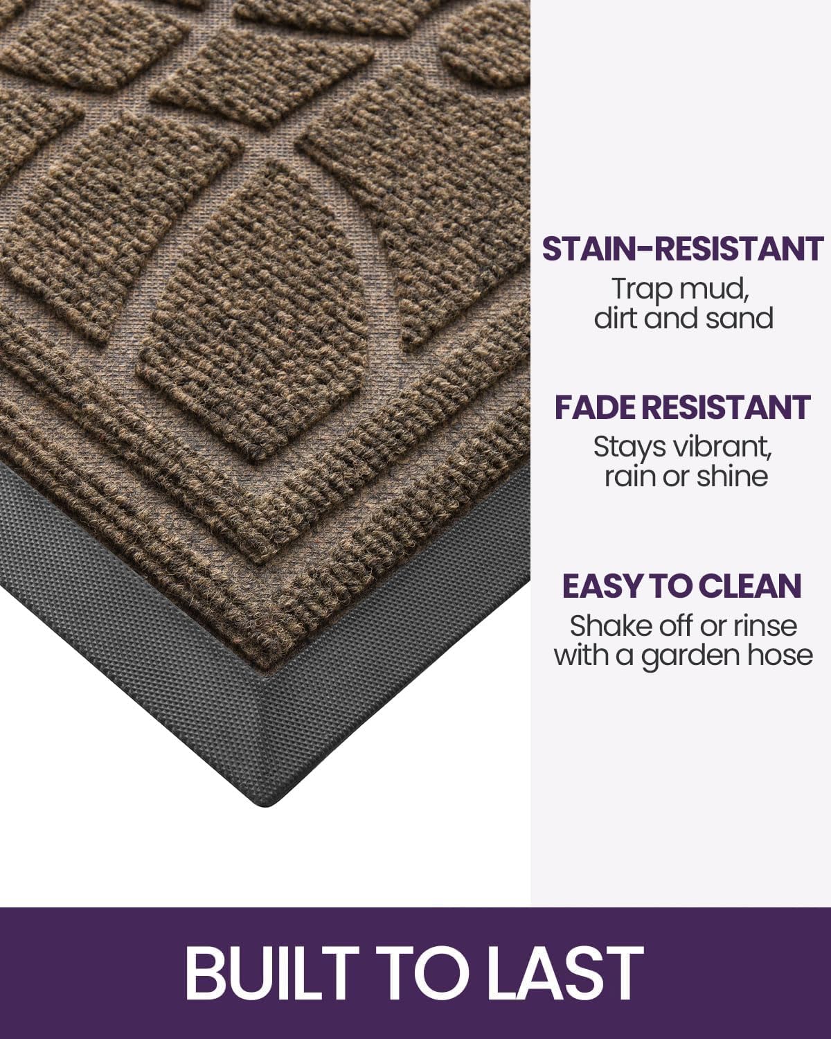 DEXI Front Door Mat Outside Entrance, Heavy Duty Non Slip Low Profile Doormat for Entryway, Trap Dirt and Moisture Welcome Mats, Easy Clean, Patio, Garage, 3x2, Brown