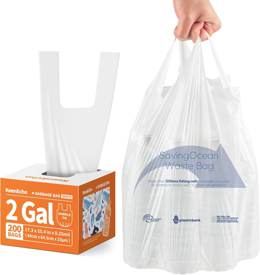 Small Trash Bags with Handles 2 Gallon 200 Count White - Ocean Plastic Upcycling - Plastic Garbage Bags, Can Bin & Waste Basket Liner for Kitchen, Bathroom, Office and Pets
